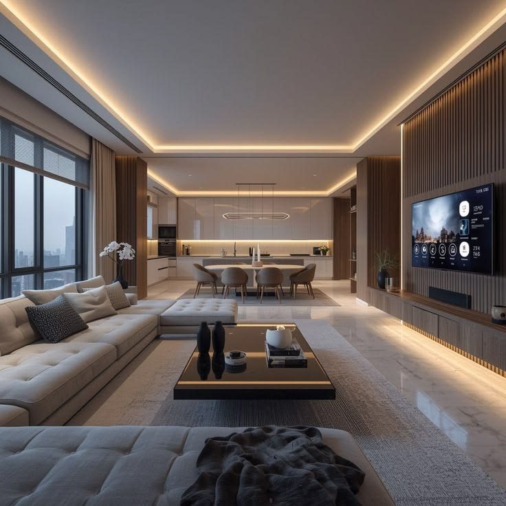 Polished Marble-Look Porcelain — Large-Format Tile Across an Open Living & Dining Space