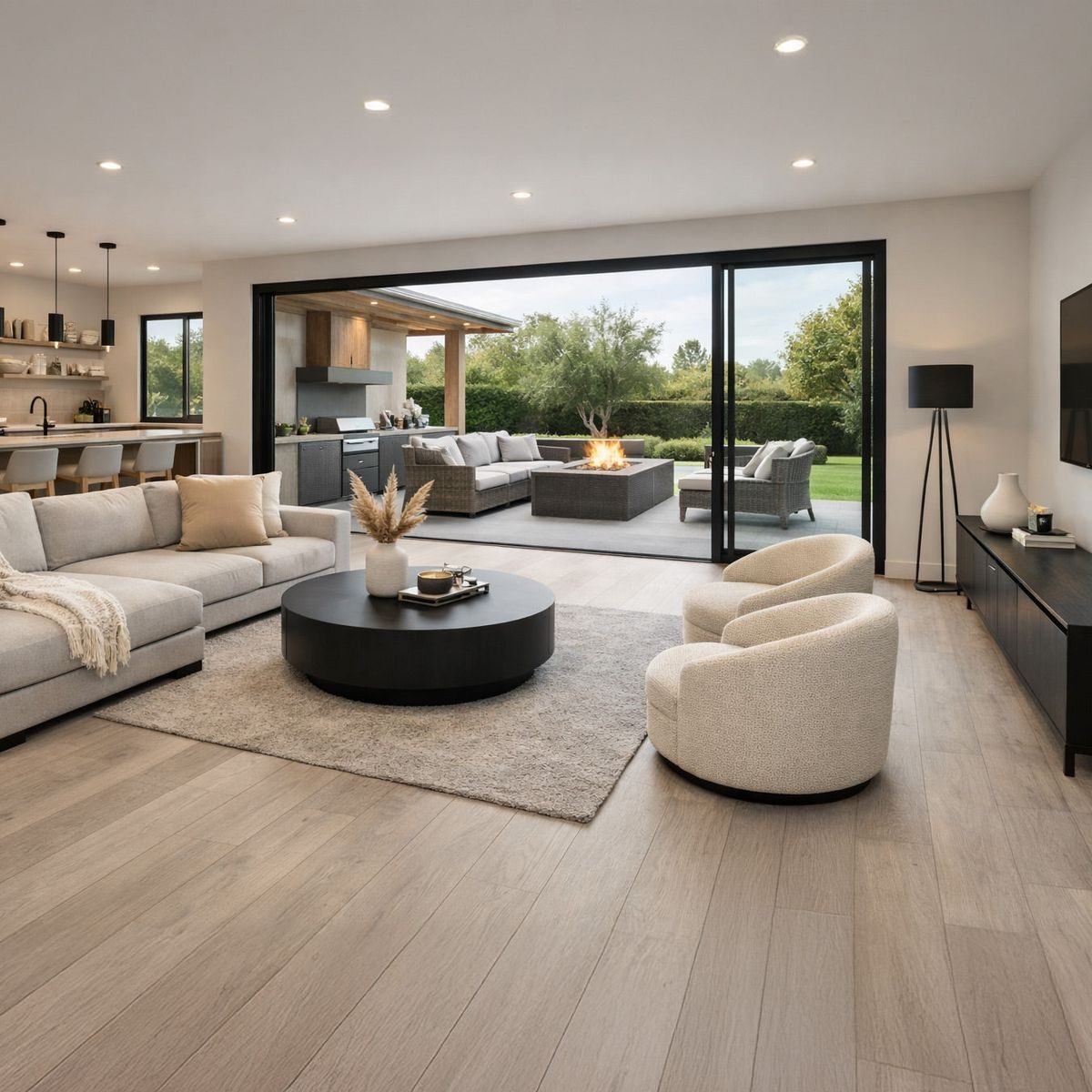 Wide-Plank Dove Gray Engineered Hardwood — Open-Concept Living & Kitchen